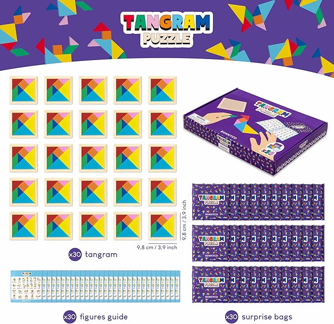 Tangram Puzzle Wooden Pack 30 Kids Party Favors - BONNYCO | Goodie Bags Stuffers for Kids 3-5 4-8, Return Gifts for Birthday Party Goody Bag Stuffers | Pinata Filler Toys Bulk Classroom Prizes Rewards