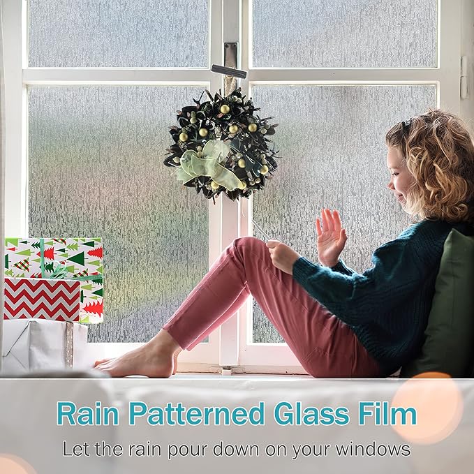 VELIMAX Rain Glass Window Film Privacy Static Window Clings Decorative Glass Sticker for Home Office Removable UV Protection Heat Control 29.5 x 78.7 inches