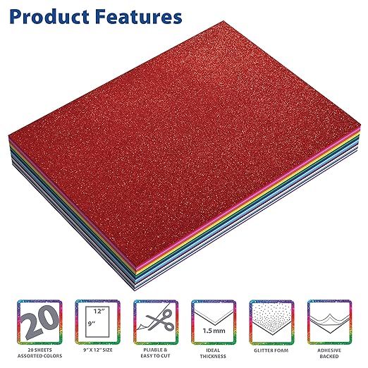 Better Office Products 20 Pack Glitter Foam Sheets with Adhesive Backing, 9 x 12 Inch, Assorted 20 Colors, for Arts and Crafts, 20 Adhesive Backed Sheets