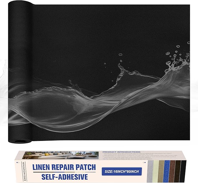 KING MOUNTAIN Linen Repair Patches, Self-Adhesive Linen Fabric Patches, 16X80 inch Extra Size, Multi Color, Can be Used for Linen Sofa Repair and Linen Clothes Repair (Black)