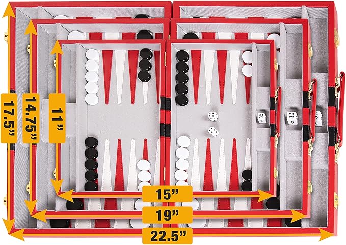 Backgammon Set 18 inch, Large - Classic Board Game for Adults and Kids with Premium Leather Case - Includes Strategy & Tip Guide (Red)
