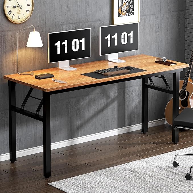Need Folding Desk, 54 inch Large Computer Desk for Home Office, No Install Needed Study Student Writing Table Desk Workstation, Teak Black
