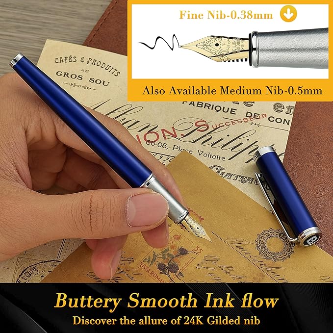 BEILUNER Luxury Fountain Pen Set,Solid 24K Gilded Fine Nib, Modern Classic Limited Edition -Includes 6 Ink Cartridges&Ink Refill Converter with Gift Case-Perfect for Men and Women（Charming blue）