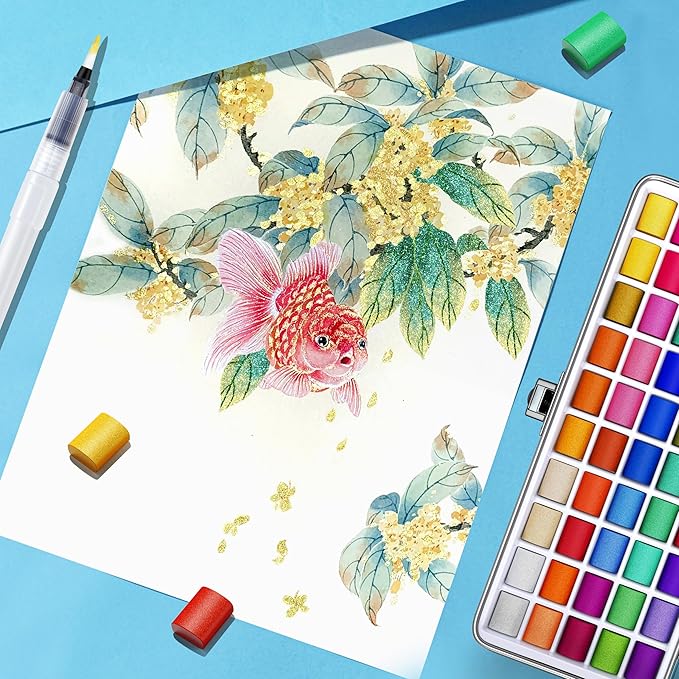 Caliart Metallic Watercolor Paints, 50 Colors Glitter Watercolors Set with 1 Brush, Portable Travel Painting Kit Gifts for Adults Artists Beginners Painters Art Supplies