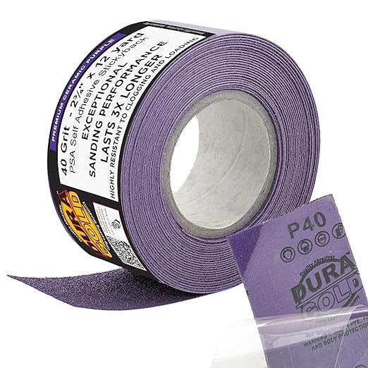 Dura-Gold Premium 40 Grit PSA Purple Film Ceramic Longboard Sandpaper, 2-3/4" Wide Continuous 12 Yard Roll - Self Adhesive Stickyback for Auto & Wood Air File Long Board Sanders, Hand Sanding Blocks
