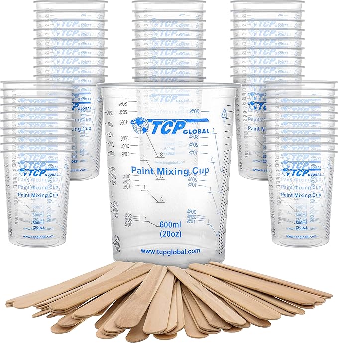 TCP Global 20 oz. (600ml) Graduated Plastic Mixing Cups - Box of 50 with 50 Mixing Sticks - Disposable Plastic Measuring Cups for Liquids, Paints, Resin, Epoxy, Art, Kitchen - Ratios 2-1, 3-1, 4-1 ML