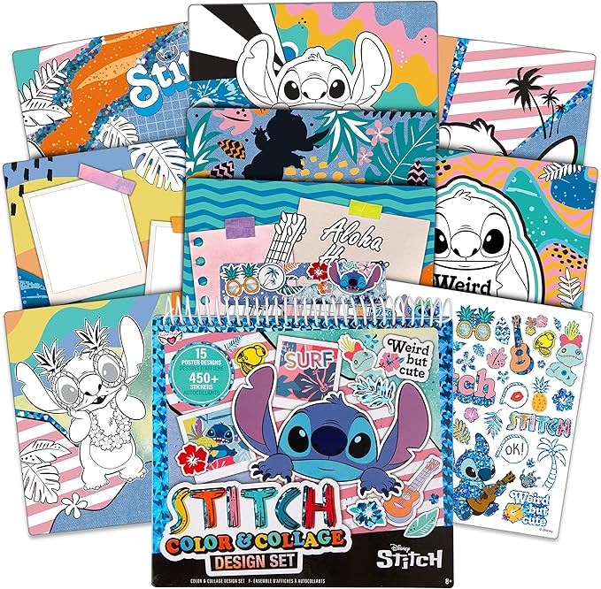 Fashion Angels Disney Stitch Color & Collage Design Set, Includes 15 Colorable Posters & 7 Sticker Sheets, Ideal Crafts Activity for Kids Ages 8 and Up