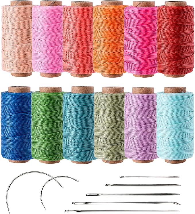 0.55mm Bonded Round Waxed Polyester Thread 76 Yards Each, 12 Rainbow Color Wax Coated String Thin Cord for Micro Macrame, Bracelets Braided, Leather Sewing, Stitching, Beading and Bookbinding
