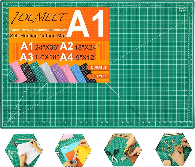 Density-upgraded 24" x 36" Large Self Healing Sewing Mat, Idemeet Rotary Cutting Mat 5 Play Cut Board for Crafts Hobby Project, Scale Size 24" x 36", A1, Green