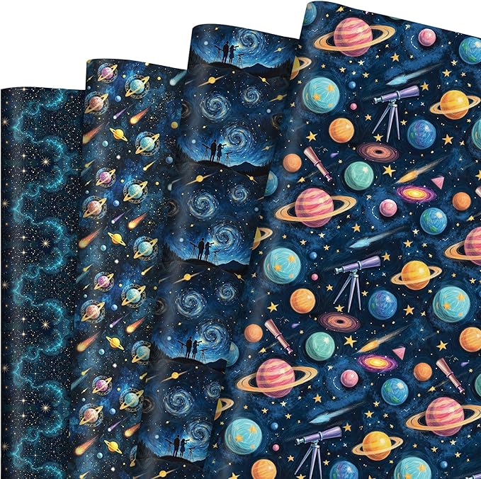 Pineraap 12 Sheets Galaxy Telescope Wrapping Paper, Starry Sky Gift Wrap Folded Flat Blue Space Craft Paper for Astronomy Lovers Birthday Party Baby Shower Present Packing, 19.7 x 27.6 Inch