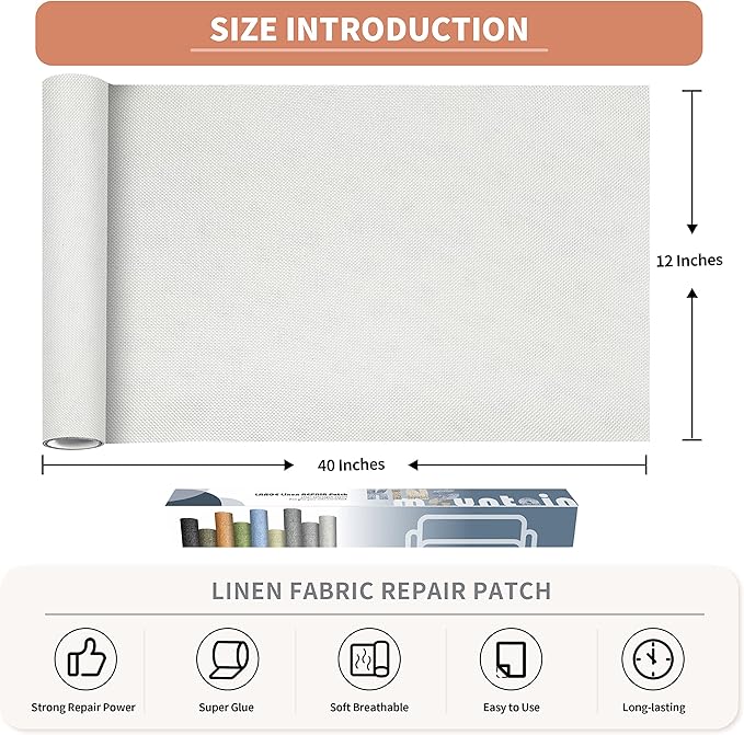 KING MOUNTAIN Fine Linen Repair Patches, Self-Adhesive Linen Fabric Patches, 12X40 inch Extra Size, Multi Color, Can be Used for Linen Sofa Repair and Linen Clothes Repair(12" x 40",White)