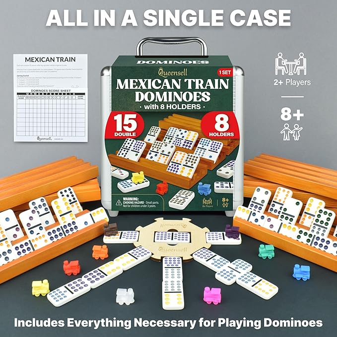 Queensell Mexican Train Dominoes Set Double 15 with 8 Holders - Wooden Hub and Tiles Holders - Double 15 with Dots (D15 + 8 Holders)