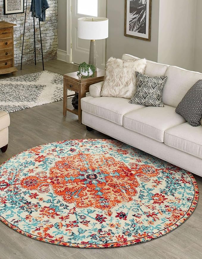 Lahome Bohemian Floral Medallion Round Rug - 4Ft Soft Bedroom Area Rug Oriental Distressed Washable Entryway Foyer Throw Mat Non-Slip Door Carpet for Dining Living Room Bedside Nursery, Orange/Multi
