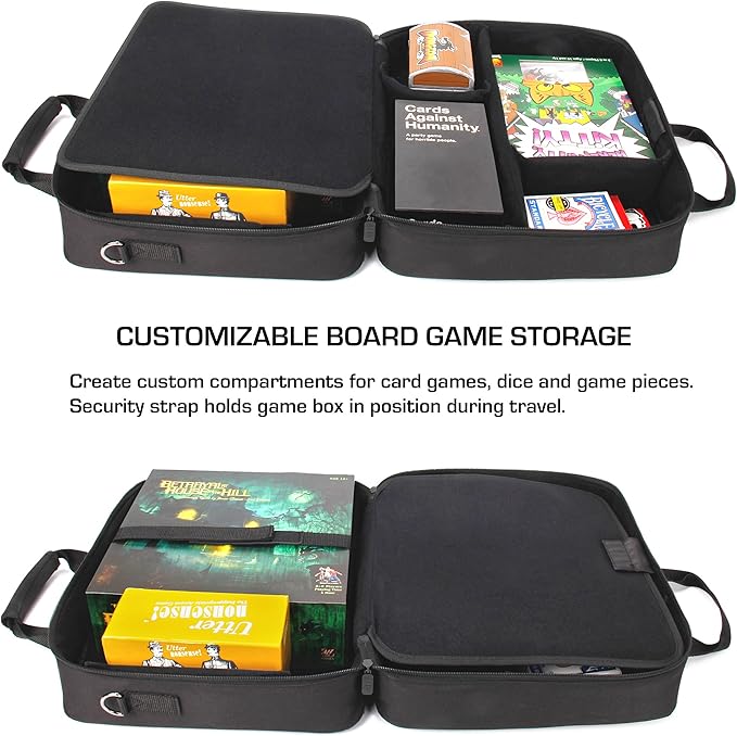 USA Gear Board Game Bag Compatible with Catan, Cards Against Humanity, Monopoly, Battleship, Sequence, Ticket to Ride & More - Board Game Storage Bag with Customizable Interior, Padded Shoulder Strap