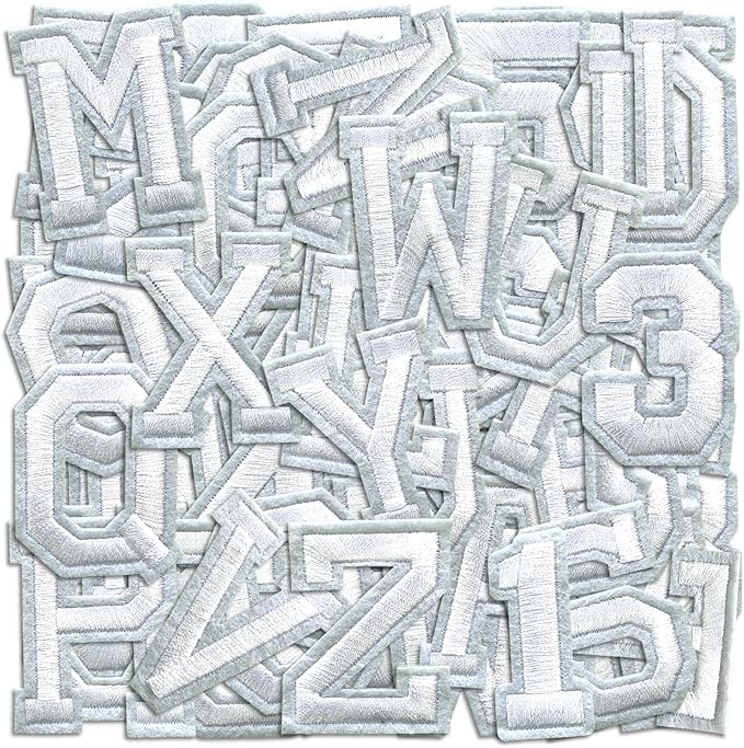Letter and Number Iron On Patches, A-Z Alphabet and Numbers 0-9 Embroidery Applique Patch, DIY Decorative Heat Press Patches for Clothing Jeans Jackets Backpacks Hats (White 72 Pcs)