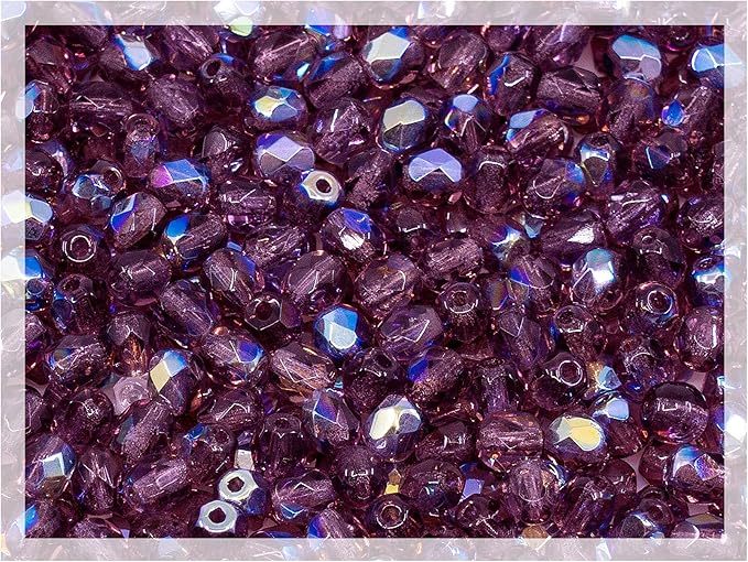 1.8 oz (50g, Approx. 600pcs) of Faceted Fire Polished Pressed Czech Glass Beads 4mm (0.16in), Amethyst AB Violet Purple 20060-28701 BCV