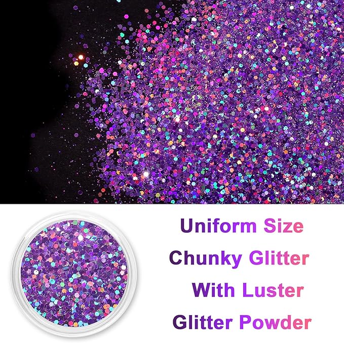 Renfio 2 Sizes Glitter, 2.11oz/60g Purple Glitter, Holographic Fine Glitter Mix Chunky Glitter for Crafts Sequins Valentines Resin Glitters PET Flakes for Nail Art Tumblers Slime - Laser Light Purple