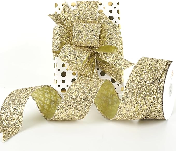 HUIHUANG Champagne Glitter Wired Ribbon for Christmas Tree 2.5 inch Champagne Gold Diamond Mesh Ribbon for Tree Decoration, Wreaths, Garland, Gift Wrapping, Bows Making, Home Decor -10 Yards