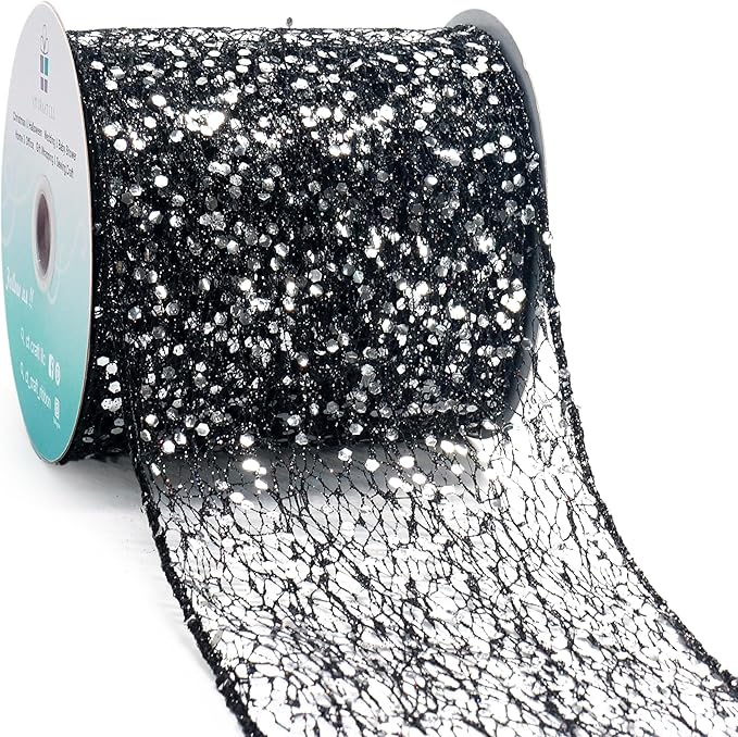 CT CRAFT LLC Sparkling Glitter Mesh Wired Ribbon 4" x 10 Yards Black for Christmas Home Decor Bow Gift Wrapping DIY Crafts Wreath