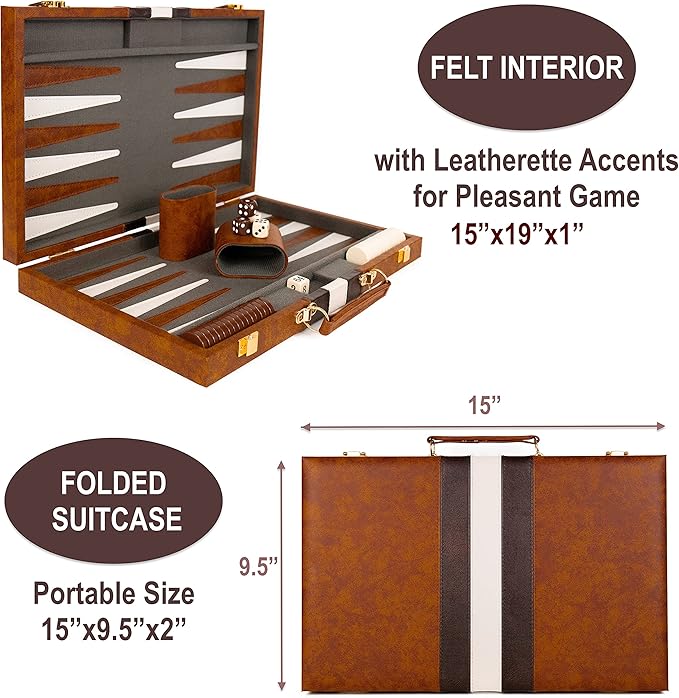 Backgammon Set - 15 Inch Classic Backgammon Board Game Sets Handheld - Backgammon Sets for Adults and Kids - Brown Faux Leather Case - Instruction