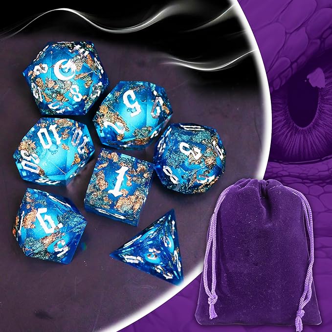 The Moon of Mystery Liquid Core DND Dice Set – Unique Resin Dice for Dungeons & Dragons – Blue Galaxy Moon Dice Set for D&D Gifts