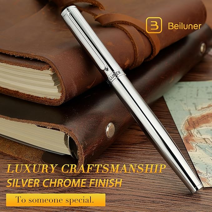 BEILUNER Luxury Silver Rollerball Pen, Stunning Bright Silver Chrome Finish,Noble and Elegant Designs,Schneider Ink Refill, Best Gift Pen for Men & Women, Professional, Executive Office, Fancy Pens