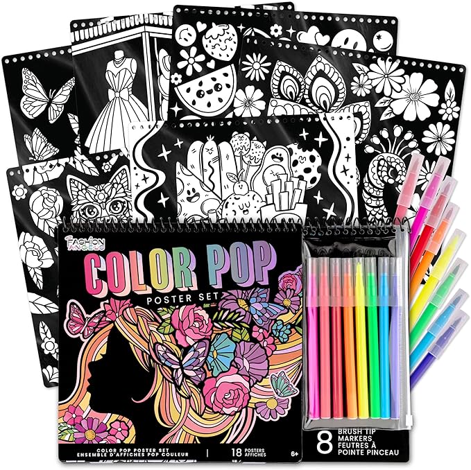 Fashion Angels Color Pop Poster Set, Includes 18 Posters & 8 Brush Tip Markers for Kids, Tweens & Teens, Perfect for Arts & Crafts, Coloring & DIY Room Decor
