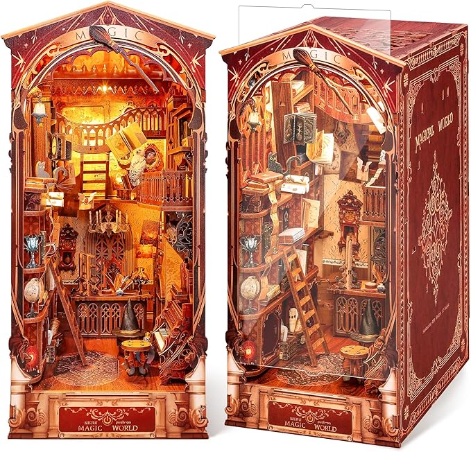 3D Wood Puzzle Book Nook Kit, DIY Magical Miniature Dollhouse with LED Light, Magic World Bookshelf Insert Bookend for Display, 3D Puzzle Craft Set for Adults (Magic World)