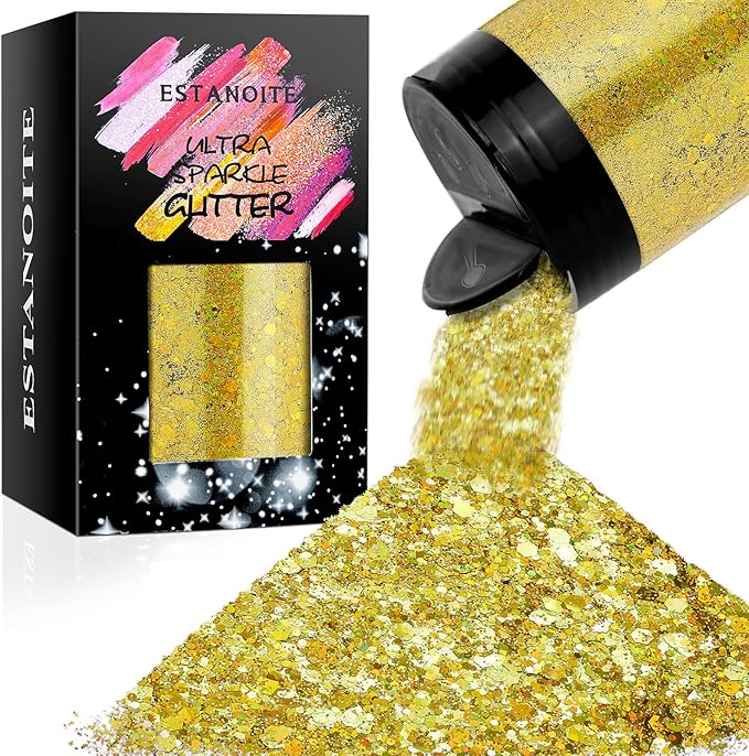 Estanoite Holographic Chunky Glitter, 160G/5.64OZ Craft Glitter for Resin, Metallic Iridescent Chunky Glitter Sequin Flake, Cosmetic Glitter for Makeup Body Nail Face Eye, Glitter Tumbler (Gold)