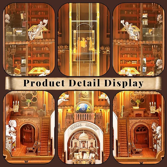 Book Nook Kit, Global Library Booknook with LED Light, DIY Miniature Dollhouse, Dual Power Options (Battery/Type-C), Unique Bookshelf Decor, Gift for Adults and Teens