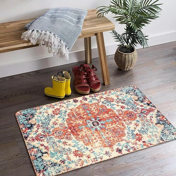 Lahome Bohemian Floral Medallion Area Rug - 2x3 Oriental Distressed Small Bath Rug Country Vintage Doormat Faux Wool Non-Slip Washable Low-Pile Carpet for Bathroom Kitchen Laundry Room Decor