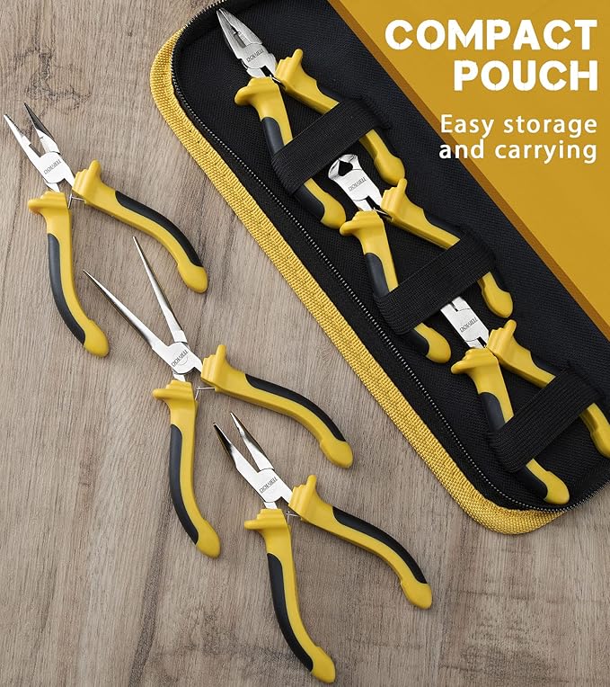 DOWELL 6-piece Mini Pliers Set Needle Nose Diagonal Long Nose Bent Nose End Cutting and Linesman for Making Crafts Repairing Electronic Devices with Pouch