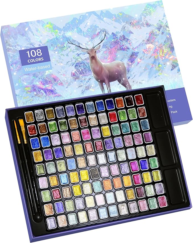 Mini Shimmer Watercolor Paint Set, 108 Colors Glitter Metallic Watercolour Painting Sets, Solid Pearl Water Color Paints for Artists, Amateur Hobbyists and Painting(108 Colors)