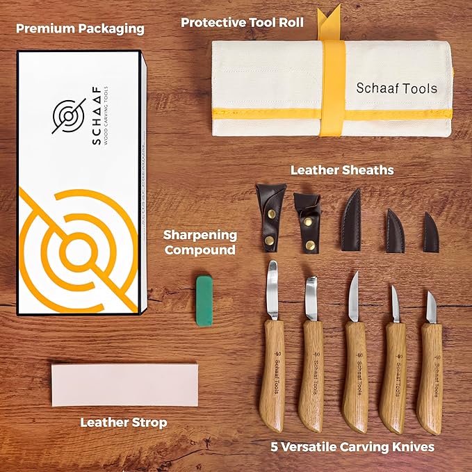 Wood Carving Kit, Deluxe 5pc Whittling Knife Set with Razor-Sharp Knives, Spoon Carving Knife, Wood Whittling Kit for Beginners and Adult Crafts