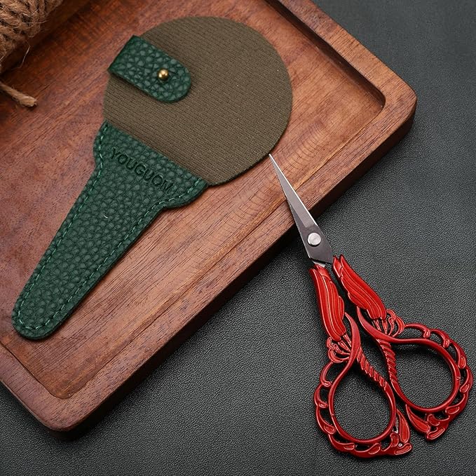 Small Embroidery Scissors Sewing Crafting Scissor Sharp Tip Shears for Needlework Threading Craft Artwork DIY Tools, 4.3in Vintage Red Scissors W/Sheath