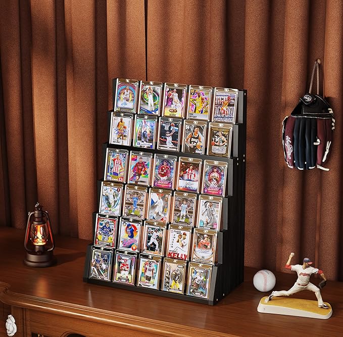 Emfogo Card Display Stand, 6-Tier Trading Card Display, Wood Detachable Graded Card Display with Top Storage, High Capacity Trading Card Display Stand for Collection & Show (Black)