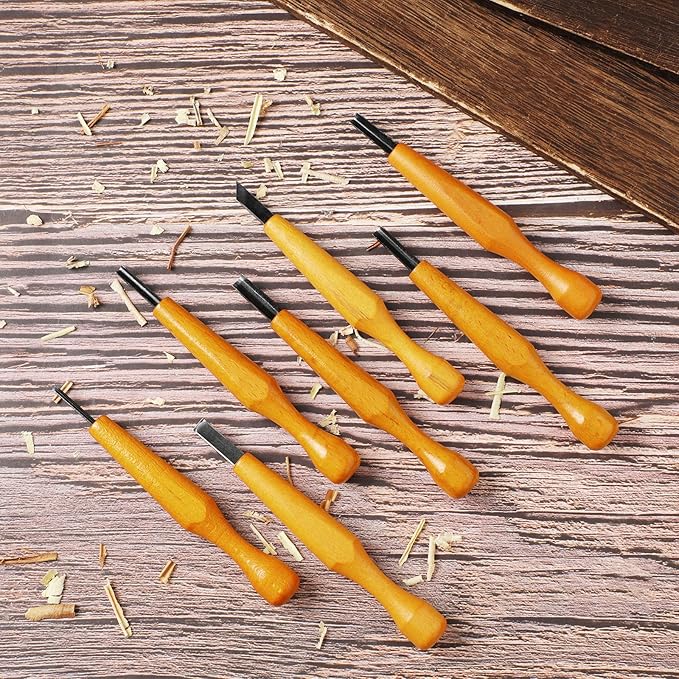 Lasnten 7 Pcs Wood Pumpkin Carving Tools Set Linoleum Hand Wood Knife Chisels Flat V-shaped Half Round Angled Gouge Carving Kit for DIY Linocut Printmaking Woodblock