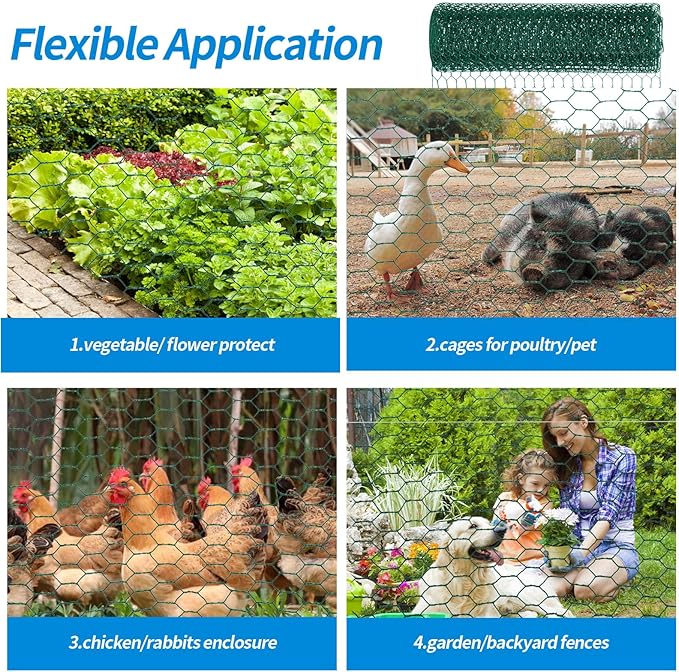 48'' x 150' Green Chicken Wire Fencing, 1 inch Chicken Wire and 20 Gauge Poultry Netting, Garden Mesh Fence Roll for Floral Arrangements/Crafts/Farm/Livestock/Pet Protection
