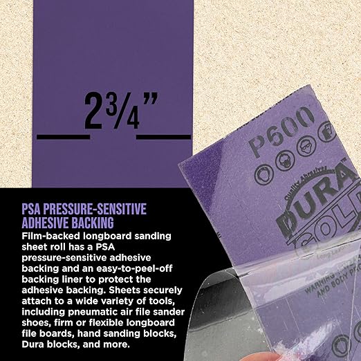 Dura-Gold Premium 600 Grit PSA Purple Film Ceramic Longboard Sandpaper, 2-3/4" Wide Continuous 20 Yard Roll - Self Adhesive Stickyback for Auto & Wood Air File Long Board Sanders, Hand Sanding Blocks