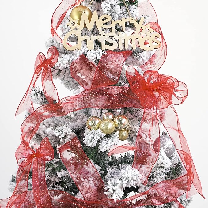 MEEDEE Red Gold Wired Ribbon - 2.5 Inch Sheer Ribbon with Gold Glitter Polka Dots for Christmas Tree, Wreath and Bow Making