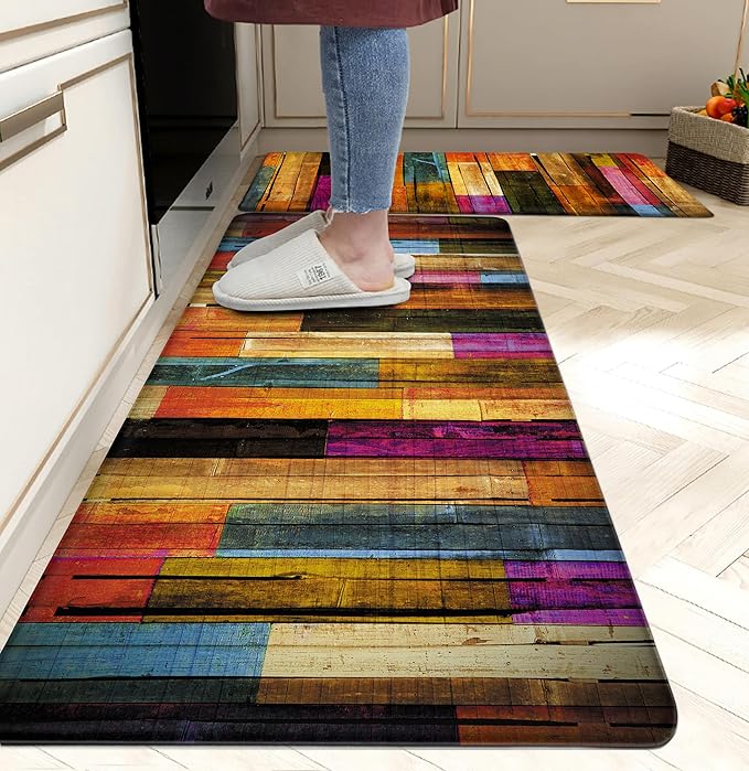 Kitchen Mats for Floor Colorful kitchen rugs Cool Wooden Abstract Anti Fatigue Kitchen Mats Waterproof Floor Mats Cushioned Non-Skid Standing Mats for Laundry, Sink, Set of 2,17.3 x 28+17.3 x 47 Inch