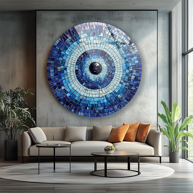 My Photostation.com 20''(50cm) Diameter Blue Mosaic Evil Eye Round Glass Wall Art Tempered Glass Printing Wall Decor Large Wall Art Wall Hangings