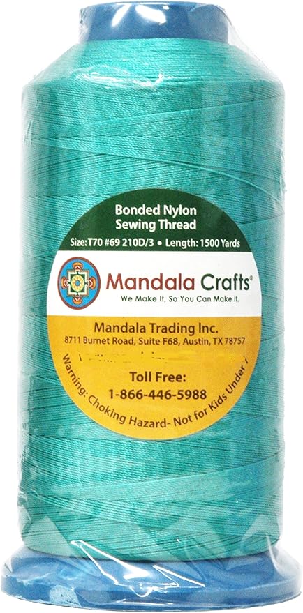 Mandala Crafts Bonded Nylon Thread Turquoise Heavy Duty Sewing Threads - 1500 YDs Size 69 210D T70 Tex 70 Thread for Leather Jeans Weaving Outdoor Marine Upholstery Threads