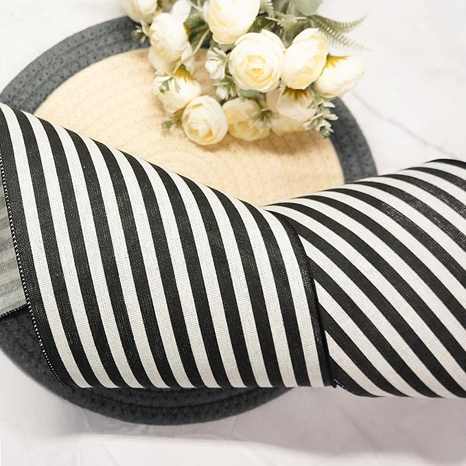 CT CRAFT LLC Striped Canvas Cotton Ribbon 4" x 10 Yards Ivory/Black Stripes for Thanksgiving Christmas Home Décor Gift Wrapping Outdoor Tree Topper Bow Wreath