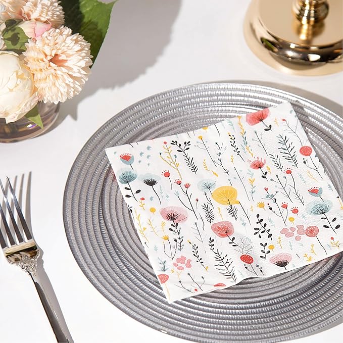 20 pcs Premium Designer Paper Napkins, 3-Ply 6.5x6.5-inches Disposable Decorative Paper Guest White Floral Napkin for Wedding Birthday Anniversary Lunch Dinner Party Baby Shower