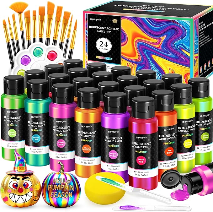 40 PCS Iridescent Acrylic Paint Set with 12 Brushes, 2 Knives & Palette, 24 Colors (2oz/60ml) Art Craft Paint for Adults Kids Artists Beginners, Halloween Pumpkin Canvas Ceramic Rock Painting Kit