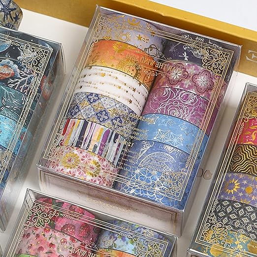 12 Rolls Charming Washi Tape Set Gold Silver Foil Detailing Arts Adhesive Tapes Basic Patterns Decorative Masking Tape Sets for Craft, Kids, Scrapbook, DIY, Gift Wrapping (Royal Splendor)