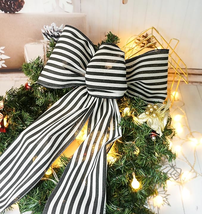 CT CRAFT LLC Striped Canvas Cotton Ribbon 6" x 10 Yards Ivory/Black Stripes for Thanksgiving Christmas Home Décor Gift Wrapping Outdoor Tree Topper Bow Wreath
