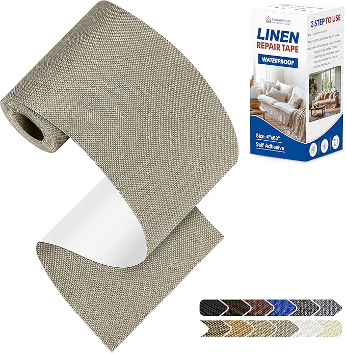 KING MOUNTAIN Linen Repair Patches, Self-Adhesive Linen Fabric Patches, 4 X 63 inch Extra Size, Multi Color, Can be Used for Linen Sofa Repair and Linen Clothes Repair（Khaki1.0