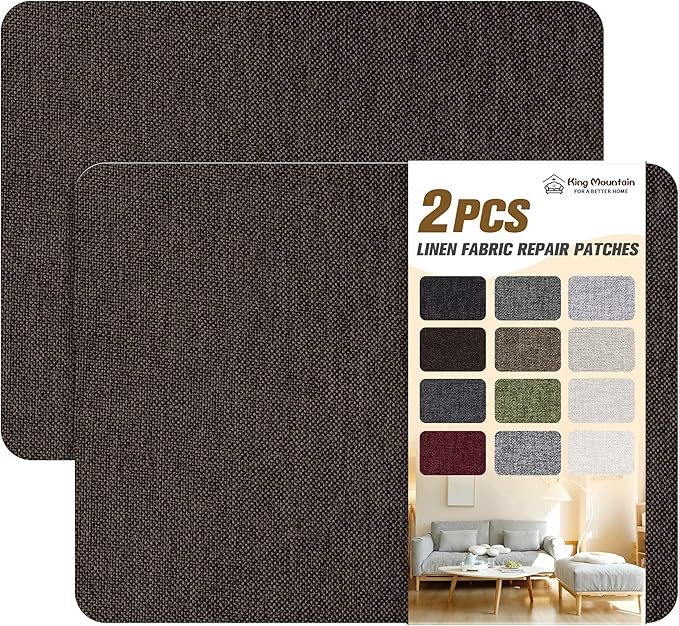 KING MOUNTAIN Coarse Linen Repair Patches, Self-Adhesive Linen Fabric Patches, 8X11 inch 2 PCS, Multi Color, Can be Used for Linen Sofa Repair and Linen Clothes Repair(8" x 11"-2PCS,Chocolate Brown)